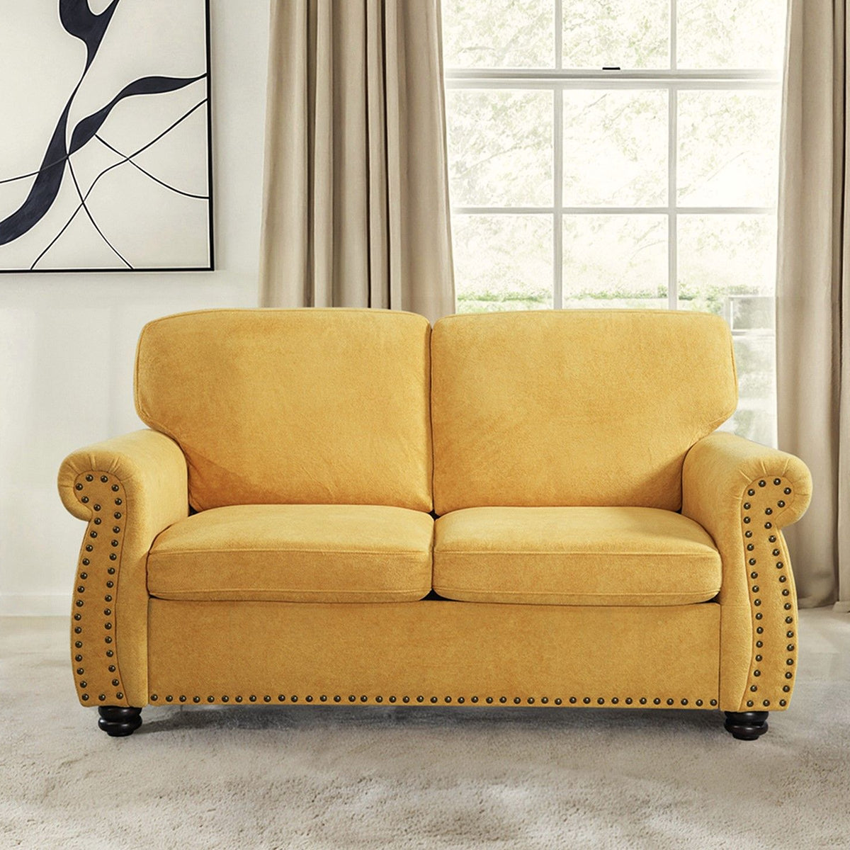 Soft Loveseat, Upholstered 2 Seater Couch, Loose Back Cushions And Turned Legs