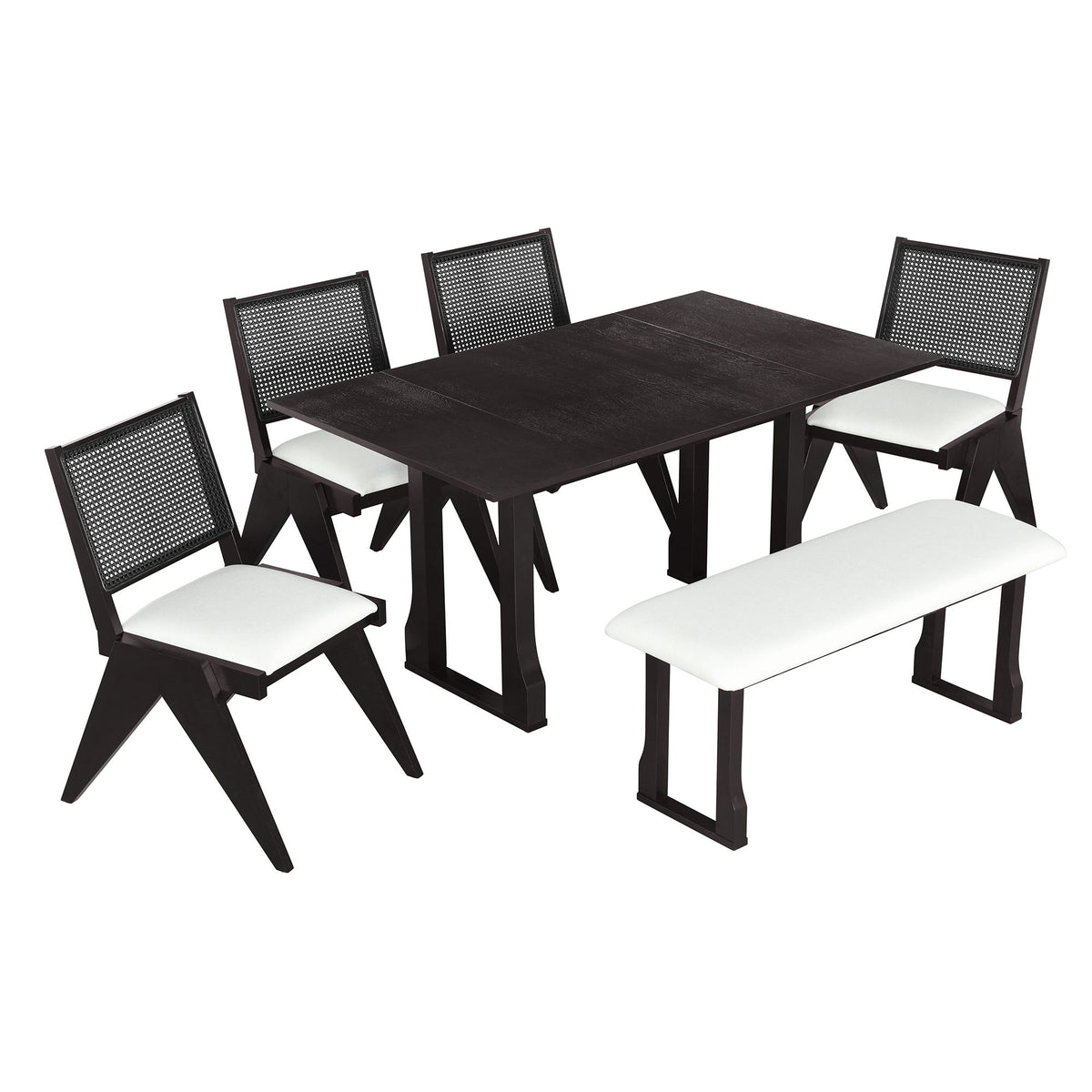 6 Piece Extendable Dining Table Set With 4 Wicker Back Upholstered Dining Chairs And Long Bench, 2 Removable Leaf