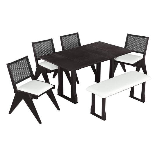 6 Piece Extendable Dining Table Set With 4 Wicker Back Upholstered Dining Chairs And Long Bench, 2 Removable Leaf