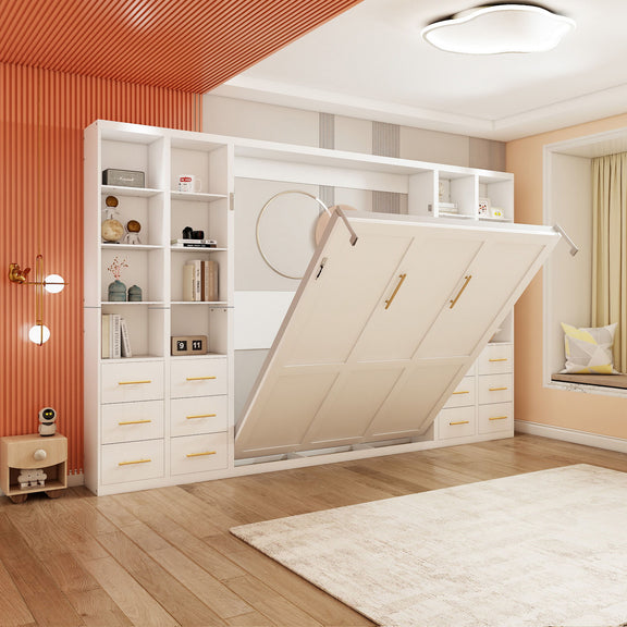 White vertical murphy wall bed with integrated storage shelves and open cabinet base