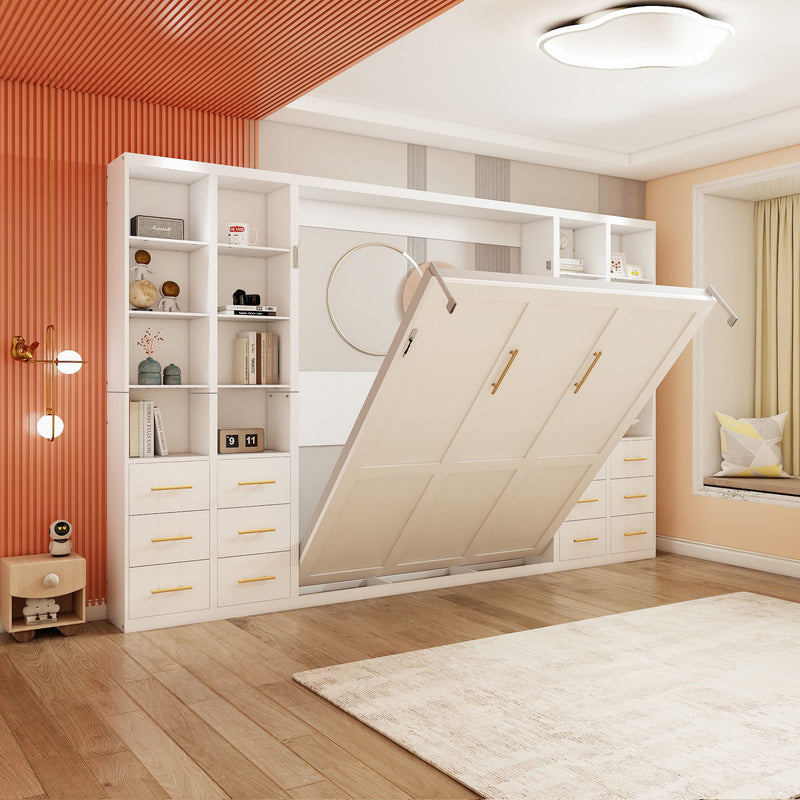 White vertical murphy wall bed with integrated storage shelves and open cabinet base