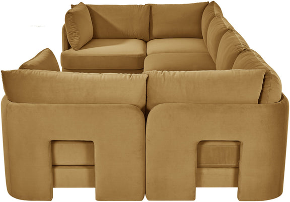 Tan velvet U-shaped sectional sofa with thick cushions and curved arm panels
