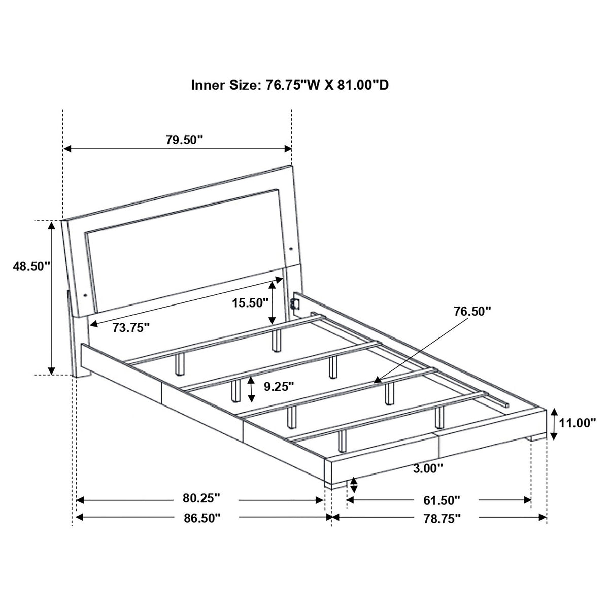 Bed frame dimensions diagram with inner size and slatted support layout