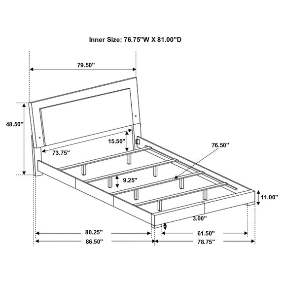 Bed frame dimensions diagram with inner size and slatted support layout