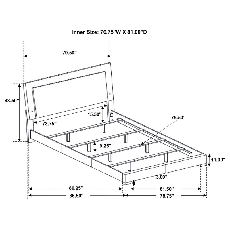 Bed frame dimensions diagram with inner size and slatted support layout