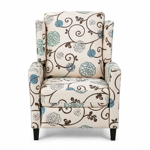 Beige wingback recliner chair with padded arms and blue floral pattern