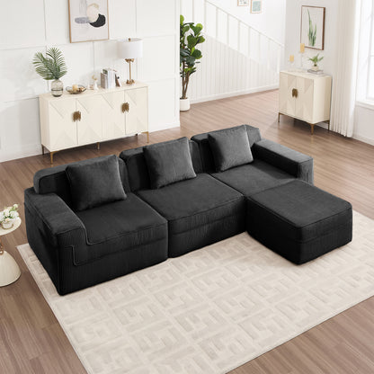 3-Seater Modular L-Shaped Corduroy Sectional Sofa - Black Corduroy