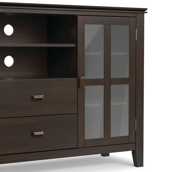 Tall TV media stand side profile with glass door, hinges, and dark wood storage