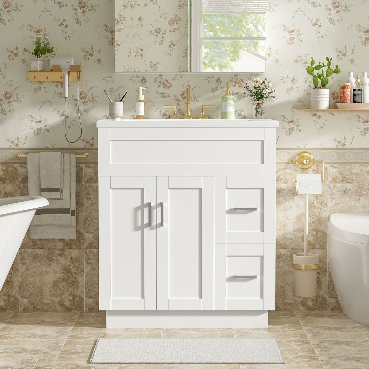 White bathroom vanity with sink, two cabinet doors, and stacked drawer fronts with bar pulls