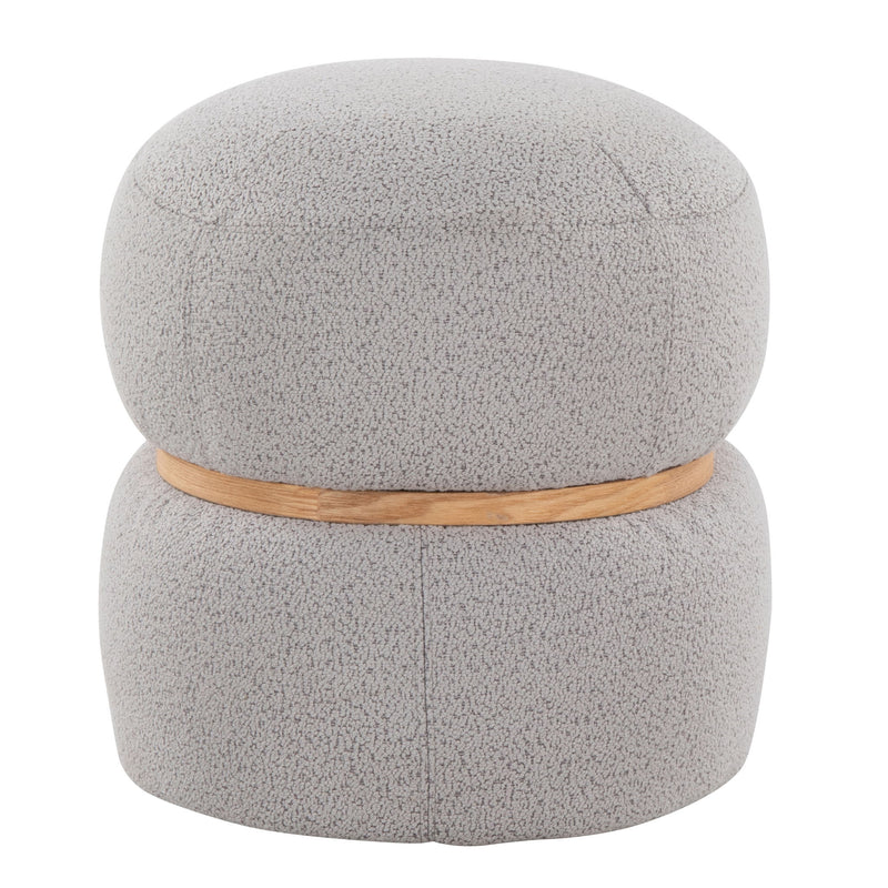 Gray round fabric pouf ottoman with wood band around the middle