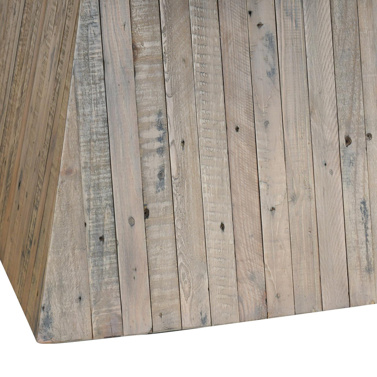 Weathered wood plank pedestal and apron detail on dining table base