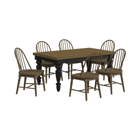 Standard-height dining table with 4 spindle-back chairs, mixed wood-tone finishes