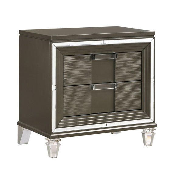 Dark brown wood nightstand with two drawers and silver bar handles