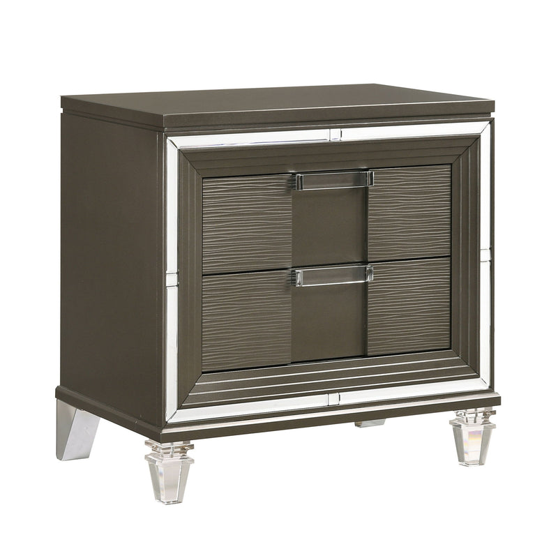 Dark brown wood nightstand with two drawers and silver bar handles