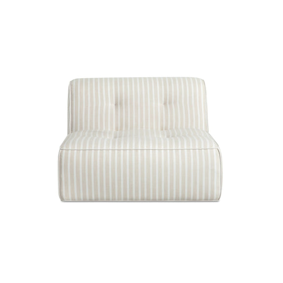 Outdoor slipper chair with beige upholstery and vertical brown stripes, rounded arms