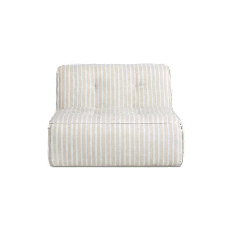 Outdoor slipper chair with beige upholstery and vertical brown stripes, rounded arms