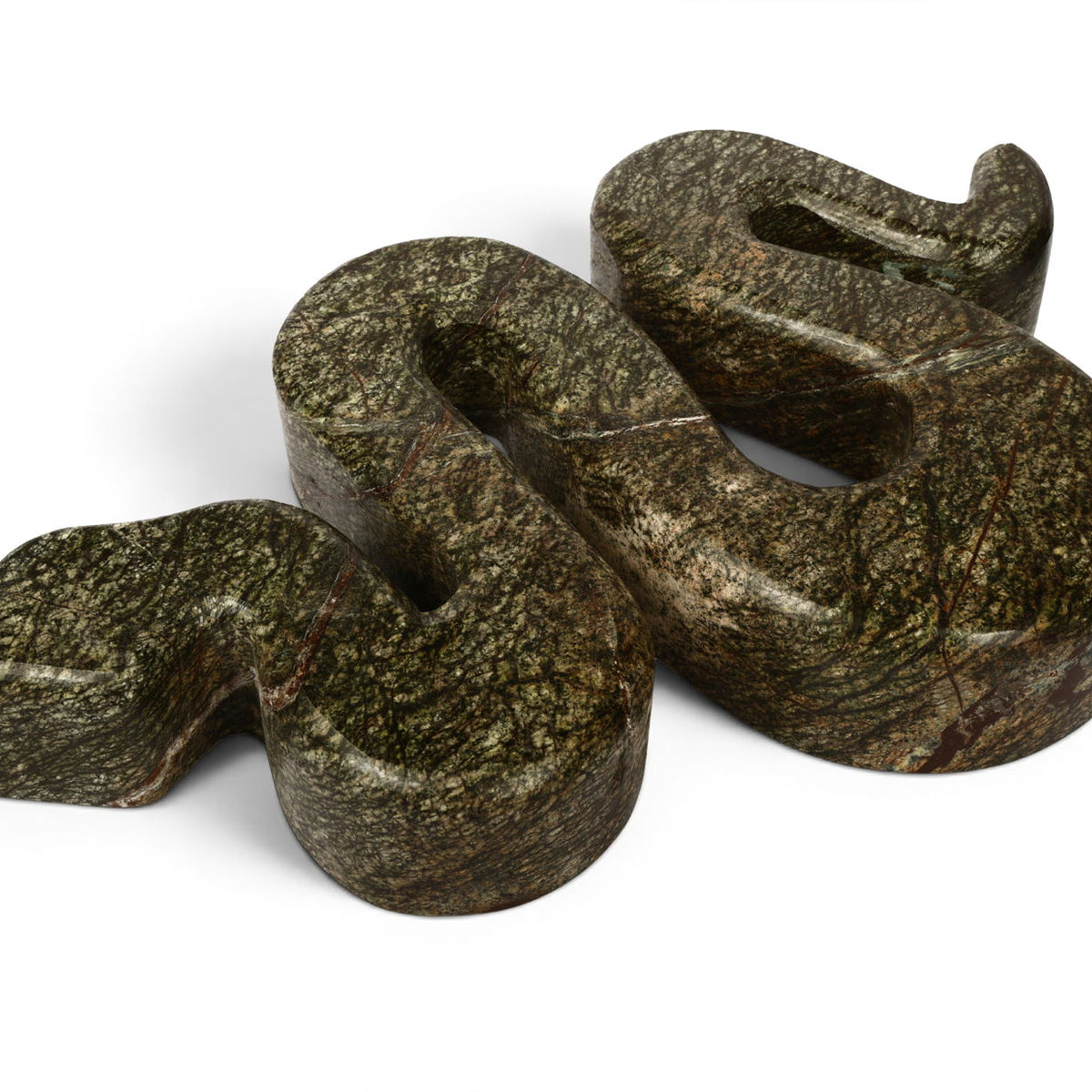 Dark green marble tabletop object sculpture with curved cutouts, 3-piece set