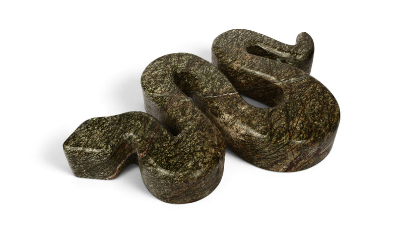 Dark green marble tabletop object sculpture with curved cutouts, 3-piece set