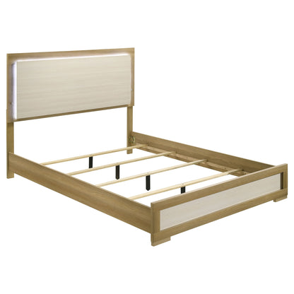 Light brown bed frame with LED headboard and slatted base