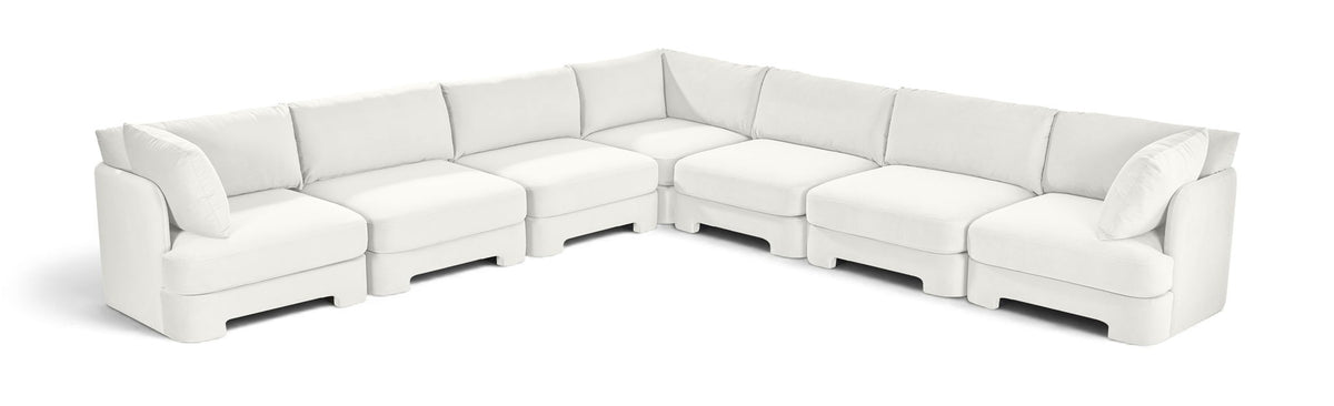 White velvet corner sectional sofa with 7-piece modular arrangement