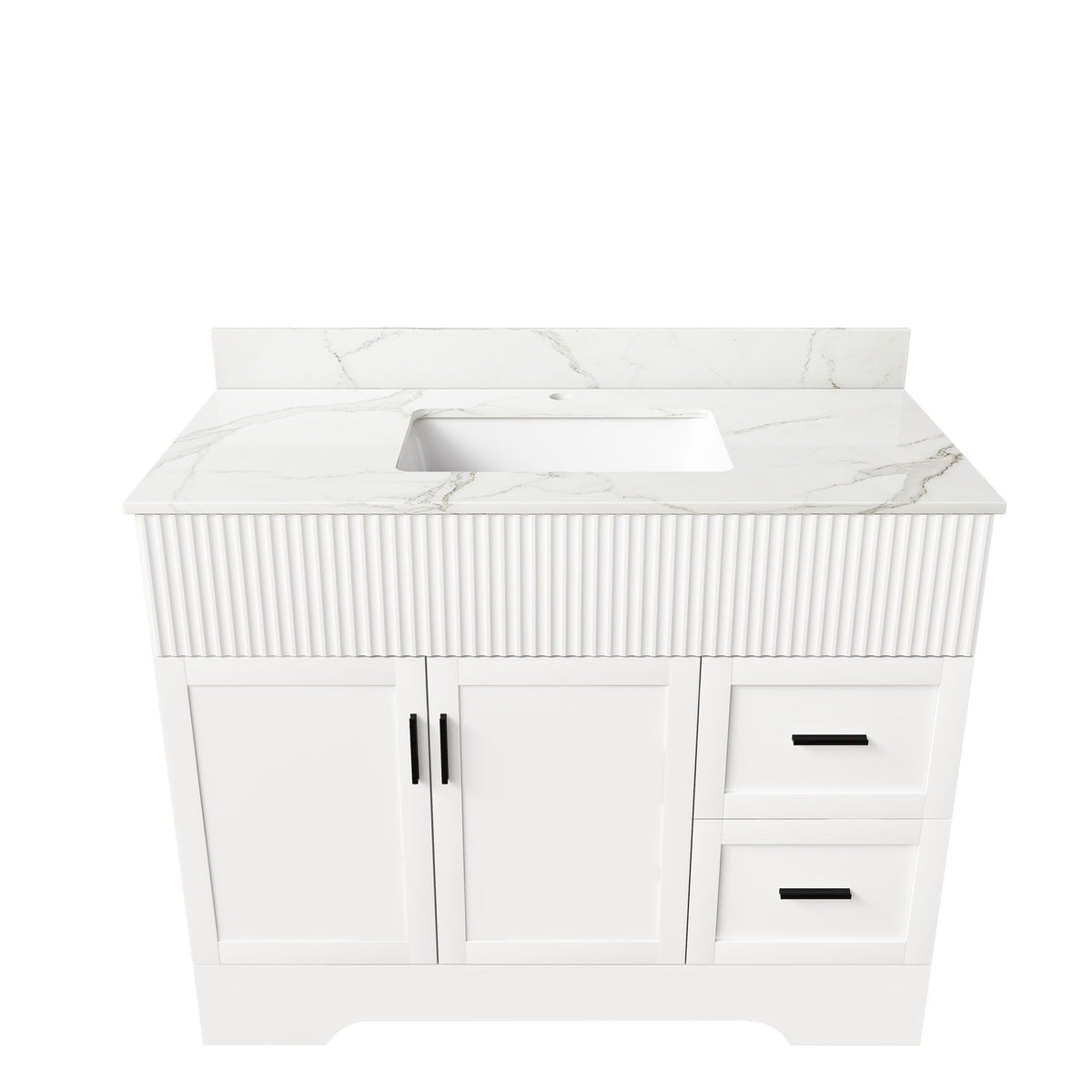 White bathroom vanity with fluted front panel, sink top, two doors and two drawers.