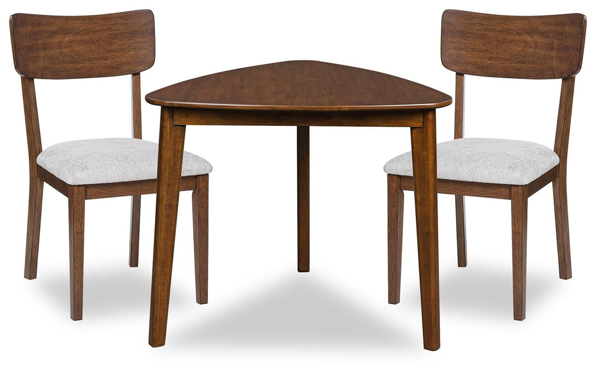 Brown dining table with two upholstered chairs, square tabletop and wooden legs