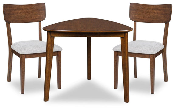 Brown dining table with two upholstered chairs, square tabletop and wooden legs