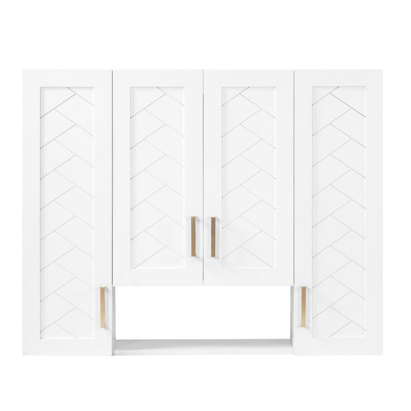 White wall-mounted medicine cabinet with 2 paneled doors and gold bar handles