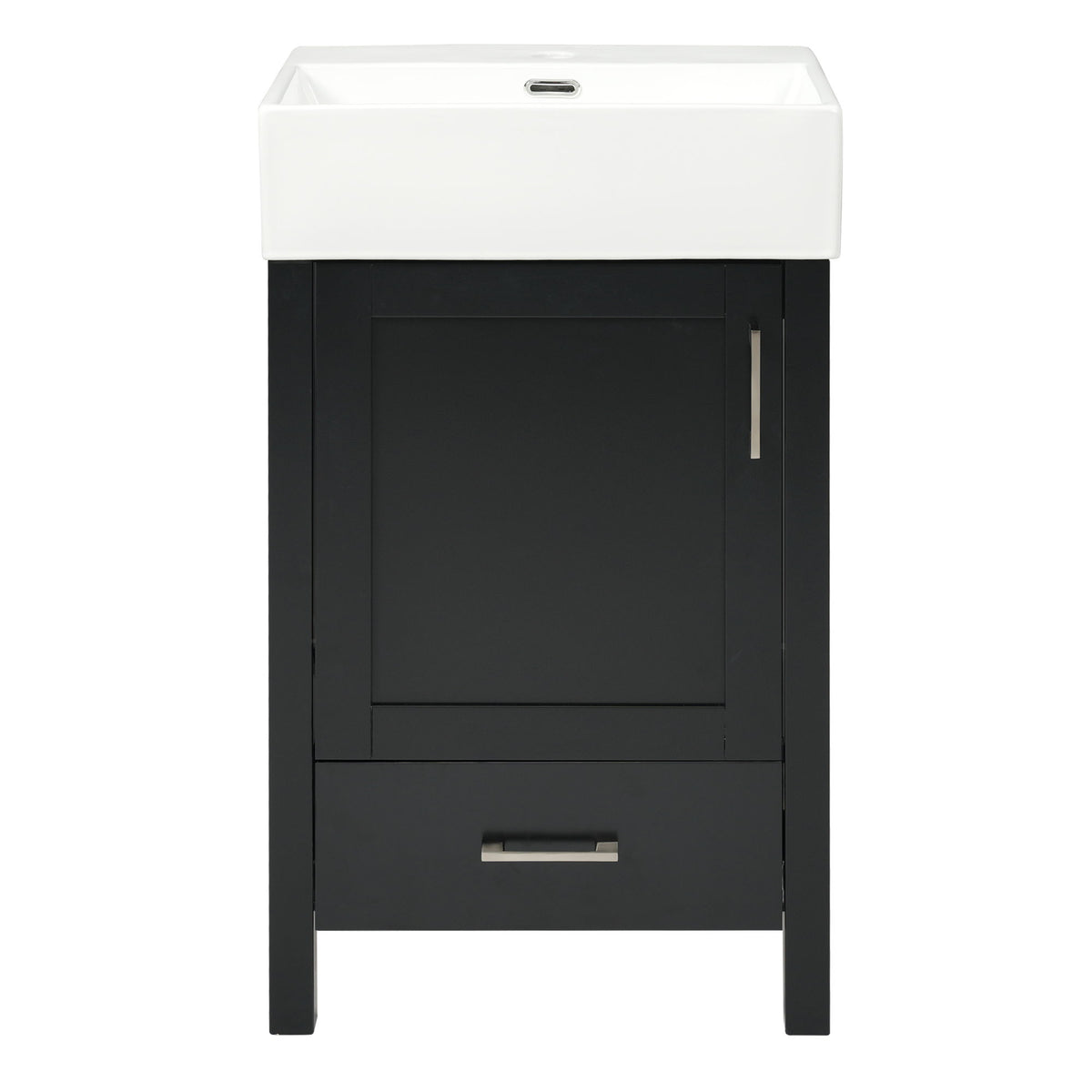White bathroom vanity with sink, dark base cabinet, and front drawer