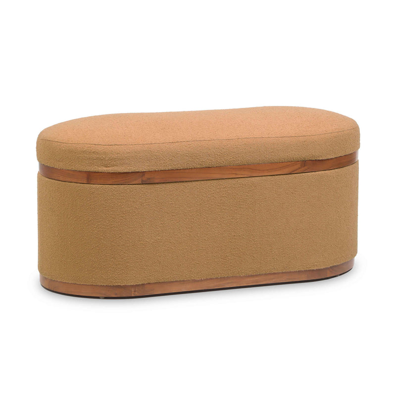 Olivier boucle oval storage ottoman, tan fabric with hinged top and wooden base