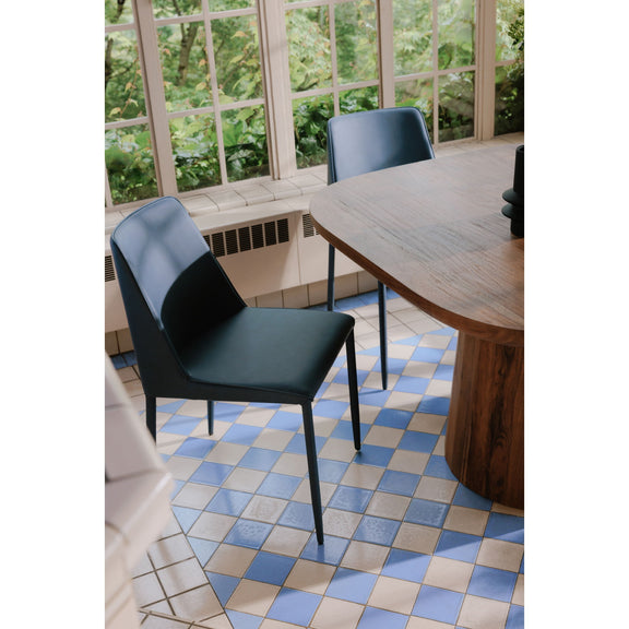 Smoked wood dining table corner view with rounded-corner tabletop and pedestal base