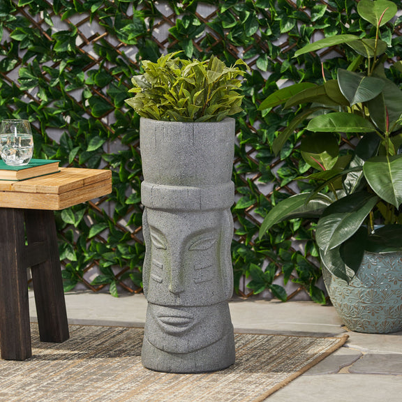 Stone gray carved column-style planter with wide mouth for flowers or plants