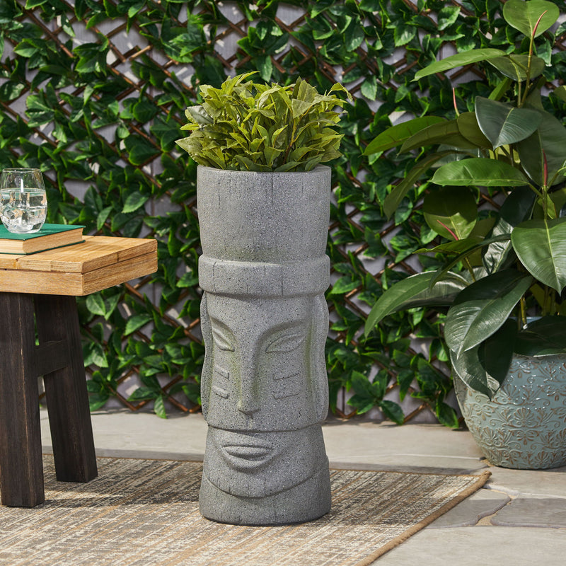 Stone gray carved column-style planter with wide mouth for flowers or plants