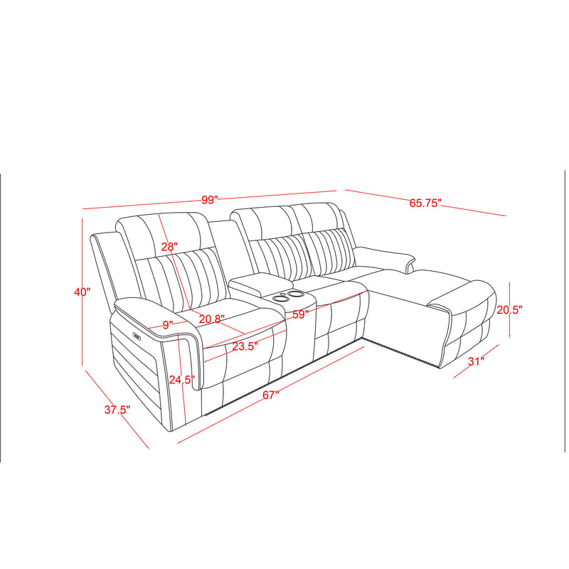 Power reclining chaise diagram with measurements, showing pushback seats and extended chaise