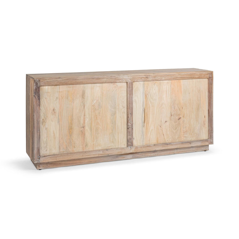 Carved panel sideboard with two large cabinet doors, light antique wood finish.