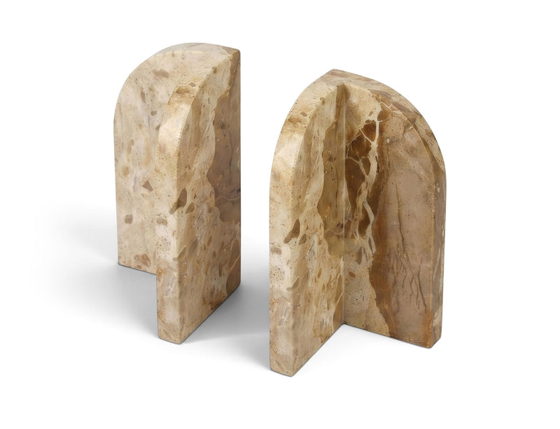 Beige marble bookends with arched back and natural stone veining, set of 2