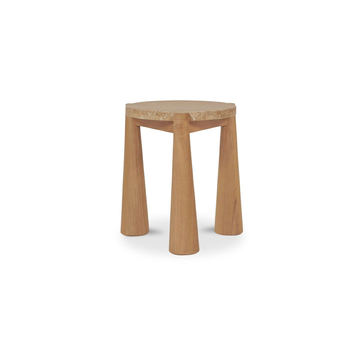 Natural wood outdoor side table with round top and tapered pedestal legs