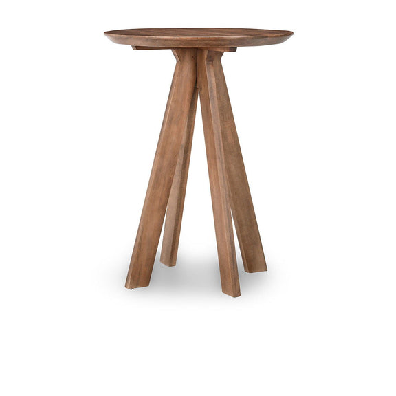 Round bar table with warm wood top and angled flared legs