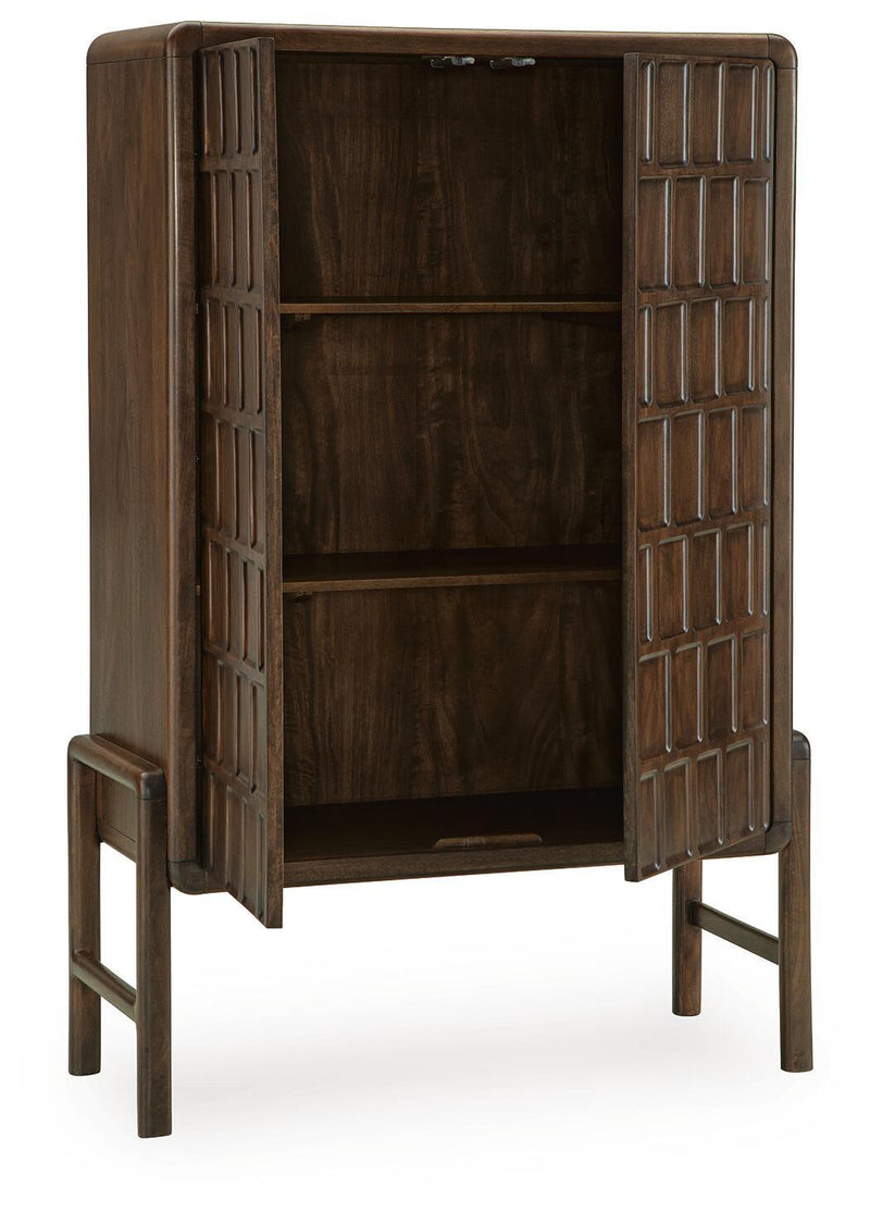 Brown accent cabinet with open interior shelf and raised square-panel sides