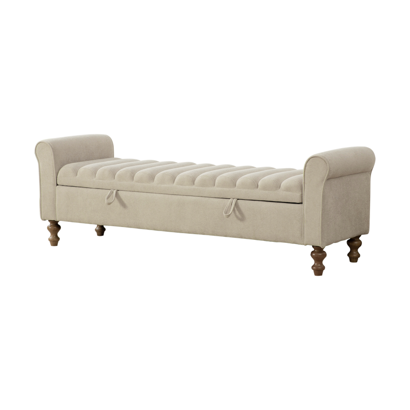 Modern greige upholstered storage bench with rolled arms, tufted cushion, wooden legs
