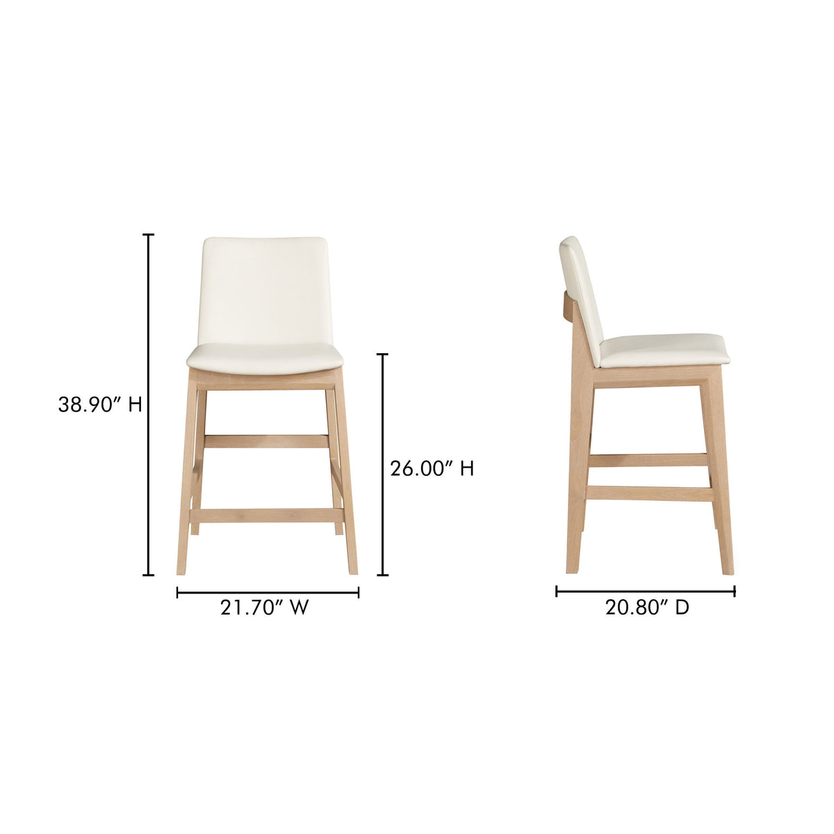 Counter stool front and side views with dimensions: 38.9 inches high, 21.7 inches wide