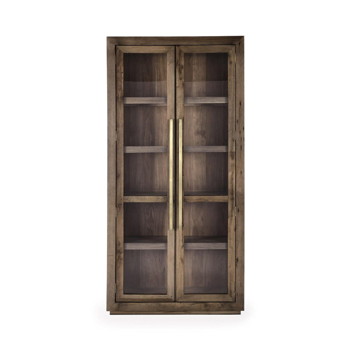 Tall brown cabinet with double glass doors and interior shelving behind panes
