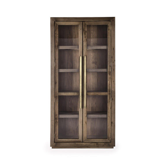 Tall brown cabinet with double glass doors and interior shelving behind panes