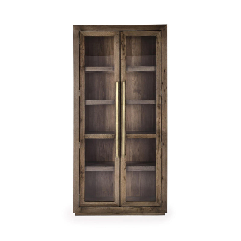 Tall brown cabinet with double glass doors and interior shelving behind panes