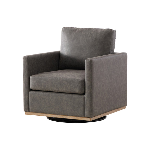 Modern gray PU upholstered square swivel accent chair with armrests and padded seat