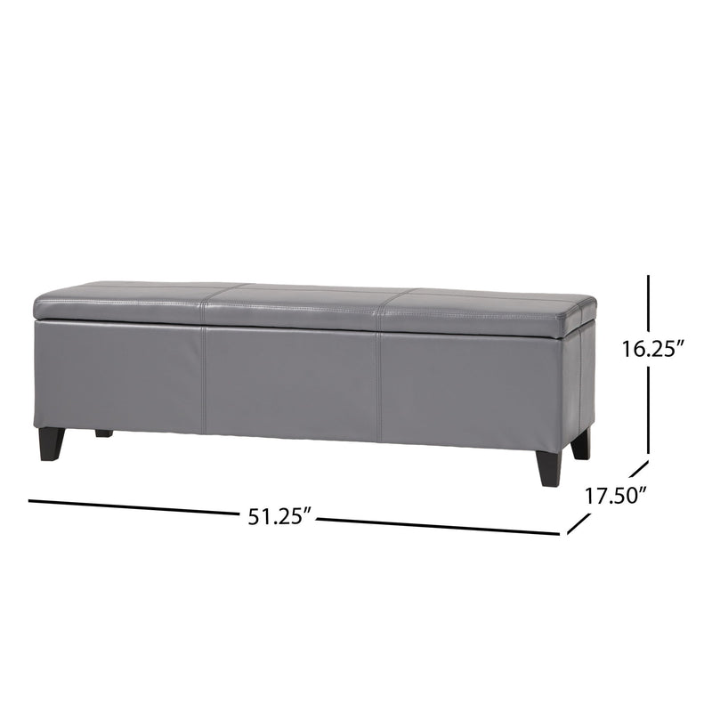 Dark gray storage ottoman (51.25"W x 17.50"D x 16.25"H) with padded lid