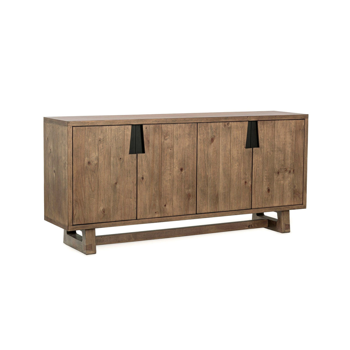 Smoke brown 4-door buffet cabinet with four plank doors and black pulls