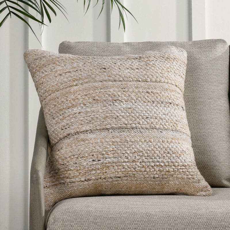 Ford pillow, beige woven square throw with textured horizontal stripes