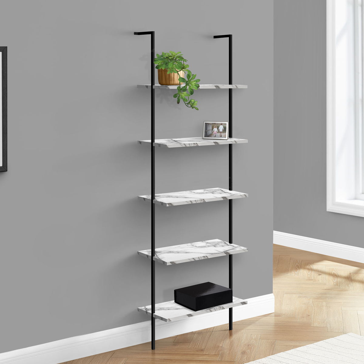 Bookshelf, Bookcase, Etagere, Ladder, 5 Tier, For Office, Marble Look Contemporary & Modern