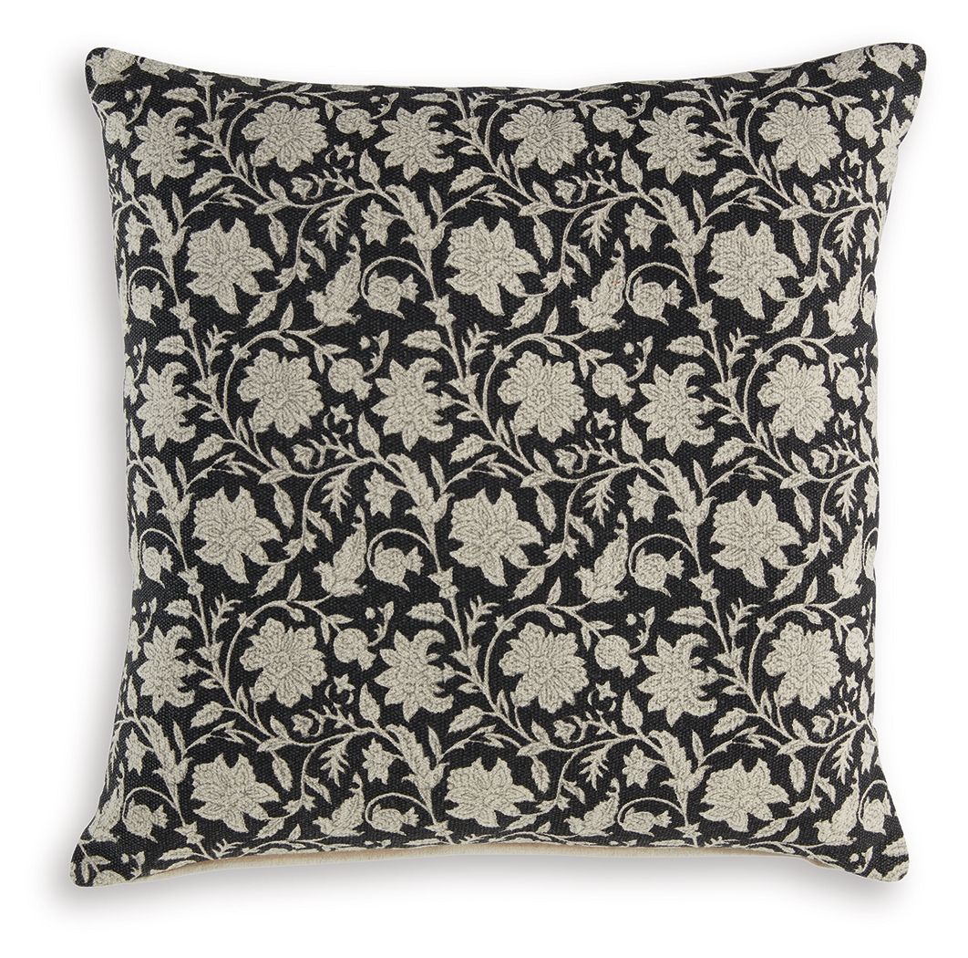 Black and ivory floral decorative pillow with square shape and piped edge